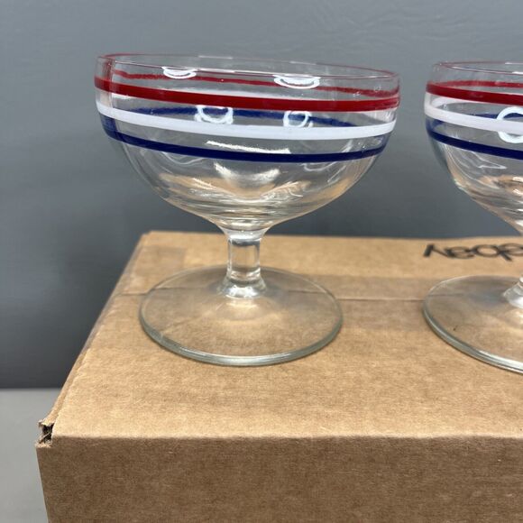 VTG Clear Glass Sherbet Dessert Bowls Footed Dishes Red White Blue Accent Rims - Picture 5 of 9